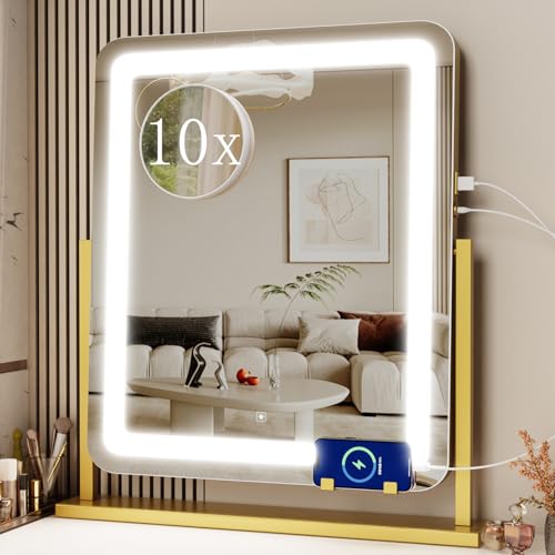 Large LED Makeup Vanity Mirror with USB Charging Port and Lights, 10X Magnification, 3 Modes - Touch Screen Control