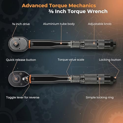 Image of HUPLA 3 /8 inch Drive Click Torque Wrench (14-81 Ft-Lb / 19-110 Nm) | Dual Range Micrometer Adjustable Ratchet Wrench for Car, Bike & Light Duty | Torque Tool with Storage Case - Fixed Square