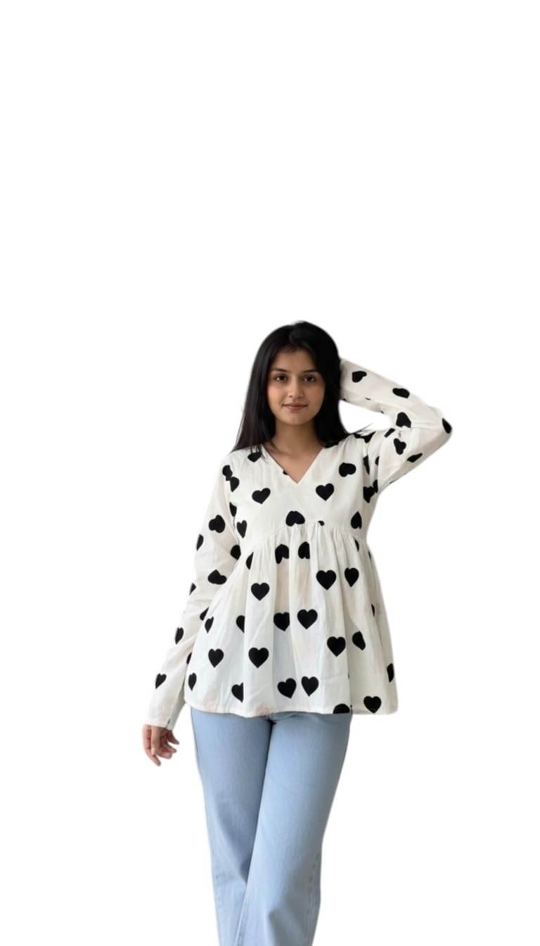 SHUPARTH Women Rayon Black Heart Print Short Kurti | V-Neck Long Sleeve Casual Tunic Top | Stylish Comfortable Top for Girls Office Outing (White)-image-15