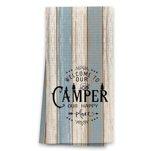 OHSUL Camping Kitchen Towels Dish Towels Dishcloth, Camper Camping Lovers Gift, Welcome to Our Camper Our Happy Place Hand Tea Towel for Bathroom Kitchen Decor, 16x24 Inches