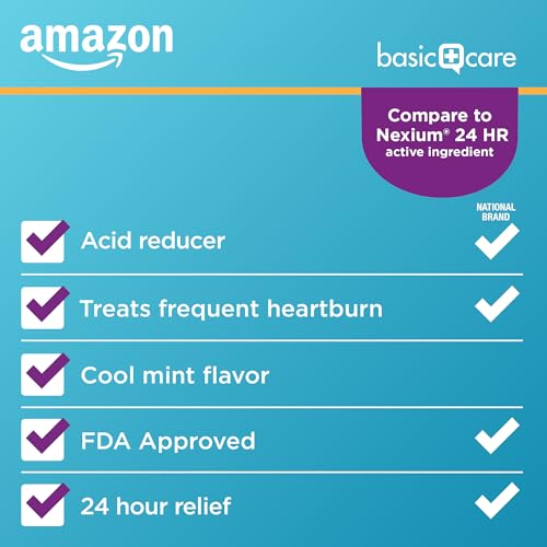 Image of Amazon Basic Care Esomeprazole Magnesium Delayed-Release Capsules 20 mg, Acid Reducer, Treats Frequent Heartburn, Cool Mint Flavor, 24 Hour Heartburn Medicine, 14 Count