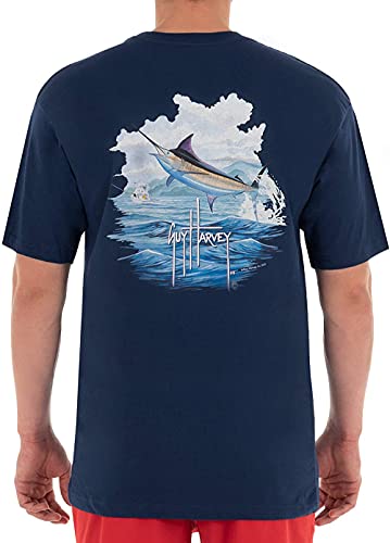 Guy Harvey Men's Blue and Betram Short Sleeve Pocket Crew Neck T-Shirt, Estate Blue/Marlin, X-Large