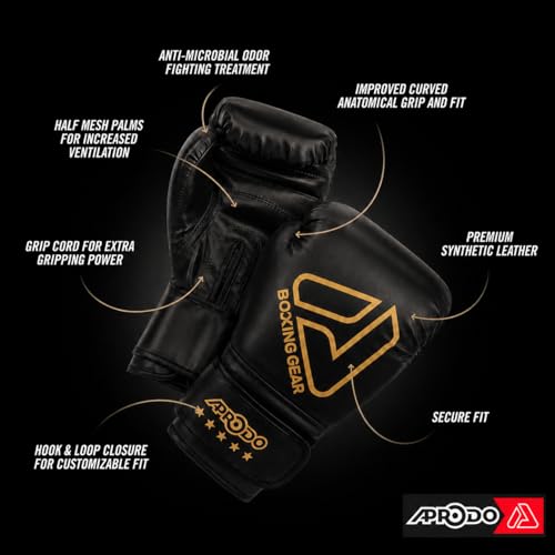 Image of APRODO Beginner Boxing Gloves for Kids & Adults - Men & Women Training, Sparring & Heavy Bag Gloves - Durable PU Leather with Wrist Support (Black /Gold, 6 OZ)