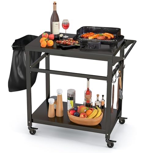 FANTASK Chariot de Barbecue d'extérieur avec 2 étagères, 4 roulettes et Crochets, Table d'appoint pour Barbecue, Chariot de Jardin, Chariot de Jardin pour l'extérieur, Noir