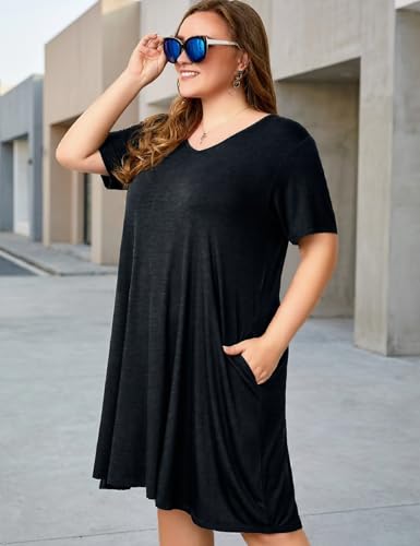 Image of OVERWORETY Womens Short Sleeve Plus Size T-Shirt Dress V Neck Casual Loose Swing A-Line Summer Tunic Dresses with Pockets
