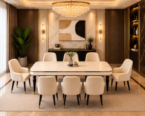 Image of 8 Seater Dining Table Set with Nano Composite Marble Top, Solid Wood Base & 8 Upholstered Chairs, Modern Dining Table Set for Home & Dining Room Furniture