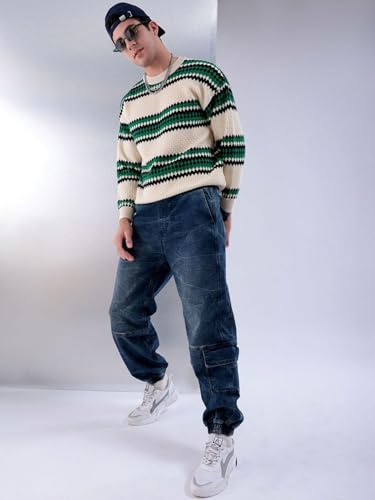 Image of The Indian Garage Co Men Loose Fit Solid Mid-Rise Stretchable Denim Joggers