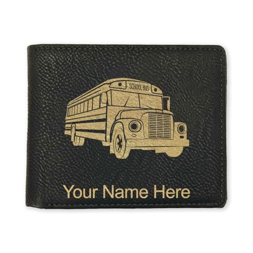 LaserGram Faux Leather Bi-Fold Wallet, School Bus, Personalized Engraving Included (Black with Gold)
