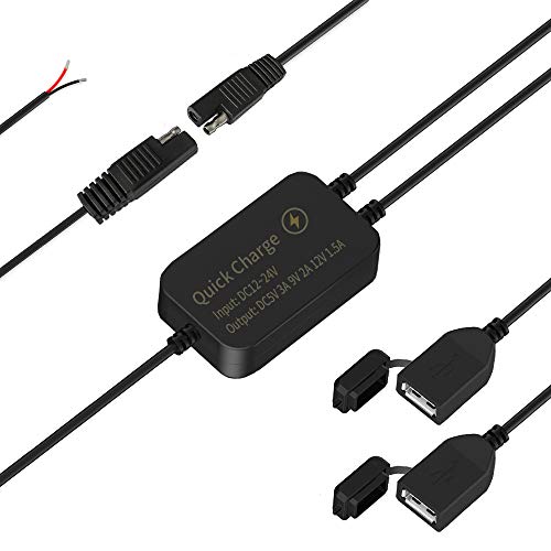Motowolf Motorcycle Dual USB Charger Kit Waterproof SAE to USB Adapter Cable Support QC3.0 Fast Charge Dual Port Power Socket for Phone Tablet GPS Charger On Motorcycle