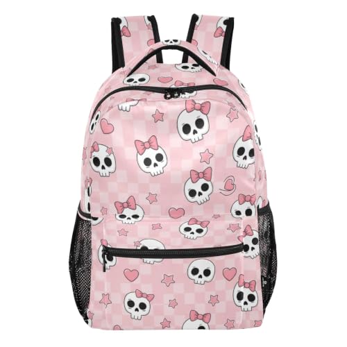Grand sac à dos d'école crânes et nœuds roses taille M pour collégiens