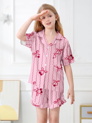 Umeyda Girls Satin Silky Collar V Neck Ruffle Short Sleeve Top and Shorts Pajamas Set, Pink Bow Cherry, 5-6 Years3