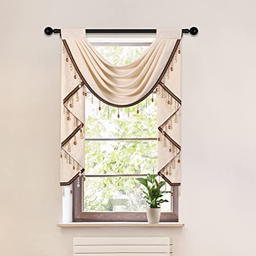Elkca Beige Chenille Waterfall Valance For Living Room,Single Hollow Swag Valance For Bedroom Kitchen Curtains, Rod Pocket, 1 Panel #TOP24