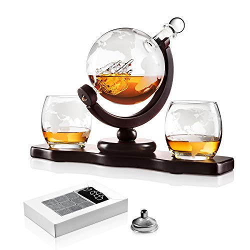Chefoh Glass Globe Decanter Set w/Whiskey Glasses, Reusable Stone Ice Cubes, Cherry Wood Stand, Tongs, Pour Funnel | Liquor, Wine, Scotch | Vintage Home, Dining, Bar Decor