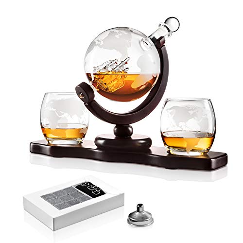 Chefoh Glass Globe Decanter Set w/ Whiskey Glasses, Reusable Stone Ice Cubes, Cherry Wood Stand, Tongs, Pour Funnel | Liquor, Wine, Scotch | Vintage Home, Dining, Bar Decor