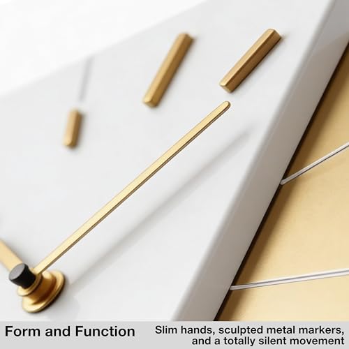 Image of Driini White and Gold Mid Century Modern Wall Clock, Battery Operated | Square MCM face with a minimalist midcentury look. Contemporary decorative analog design for kitchen, office or living room