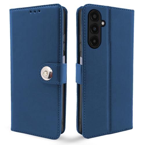 Image of Pikkme Samsung Galaxy A25 5G Flip Cover Leather Finish | Inside TPU with Card Pockets | Wallet Stand and Shock Proof | Magnetic Closing | Complete Protection Button Flip Case (Blue)