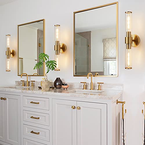 Image of Hardwired Gold Bathroom Vanity Light Clear Glass Wall Sconce | Up & Down Bidirectional Lighting, Damp Rated For Bathrooms, Dimmable, Rustproof Gold Metal, 5-Year Manufacturer Warranty
