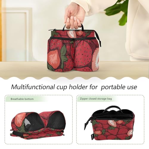 Image of Luggage Cup Holder for Suitcases Free Hands Suitcase Cup Holder Travel Luggage Drink Holder Portable Luggage Cup Caddy Bag Carrier with Handle Cartoon Red Strawberry