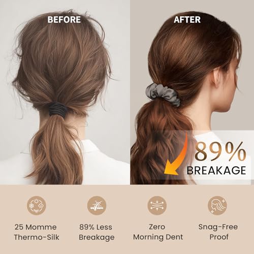Image of THXSILK 100% Mulberry Silk Chunky Scrunchies 3-Pack, 25 Momme Thick Voluminous No Damage Hair Ties for Women, Medium Ponytail Holders for All Hair Types(Grey, Charcoal, Black)