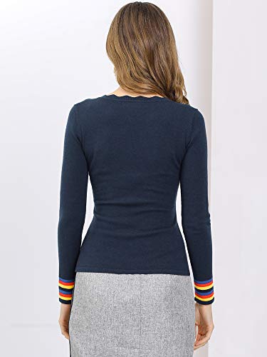 Allegra K Women's Lightweight Long Sleeve Rainbow Cuffs Ribbed Knit Slim Fit V Neck Sweater Large Navy Blue #TOP4