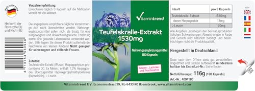 Vitamintrend Teufelskralle Kapseln hochdosiert 1530mg Extrakt, 180 Stück, schluckfreundlich, Harpagophytum, veganes Nahrungsergänzungsmittel ohne Zusätze, in Deutschland hergestellt