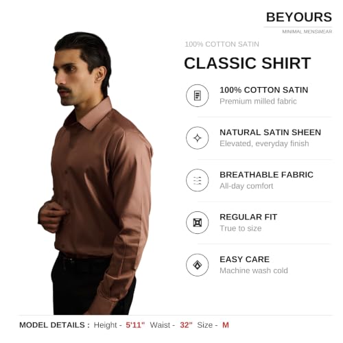 Image of BEYOURS Men's Full Sleeve Shirt Regular Fit Spread Collar 100% Cotton Satin Office & Formal.
