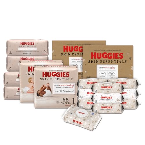 Image of Huggies Skin Essentials Bundle: Huggies Skin Essentials Baby Diapers, Size 1 (8-14 lbs), 204 Count & Baby Diapers, Size 2 (12-18 lbs), 192 Count & Baby Wipes, 10 Packs, 560 Count (10 Packs of 56)