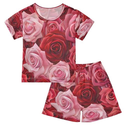 senya Short Sleeve Pajamas Sets Summer Cotton Sleepwear Red and Pink Roses
