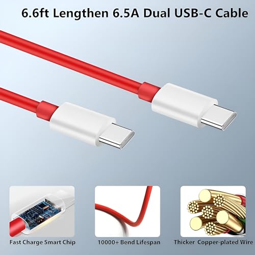 Image of One Plus 65W Type C Supervooc Charger with Red Cable Compatible with One Plus 12R /12 /11R /11 /10 Pro /10 /10t /10R /9rt /9 Pro|Ce 4 /Ce 3 /Ce 2 / Ce 4 Lite /Ce3 lite /Nord 3 /2 /2T /, 65 w Charging Adaptor, White