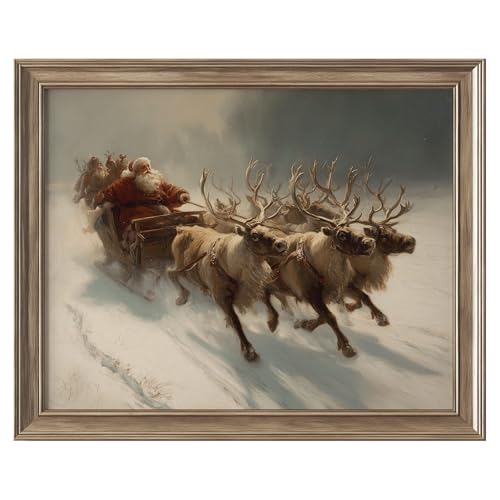 Santa Claus Sleigh Ride Wall Art Print, Vintage Reindeer Snow Scene Painting, Rustic Christmas...