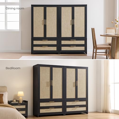 Image of SICOTAS Armoire Wardrobe Closet, Larger Rattan Armoires Wardrobe Cabinet with 2 Large Drawers & Hanging Rod, Tall Closet Storage Cabinet for Cloak Room, Bedroom, Black Oak (3 Pieces)