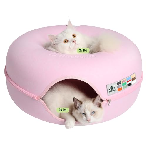 Cattasaurus Peekaboo Cat Cave Donut for Multiple & Large Cats up to 30-45 lbs 3-in-1 Self Warming Cat Bed Tunnel & Scratcher for Indoor Cats Washable & Detachable Small Dog Bed (Pink Large)