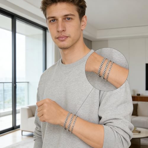 Set de 6 pulseras de acero inoxidable plateadas para hombres miniatura 2