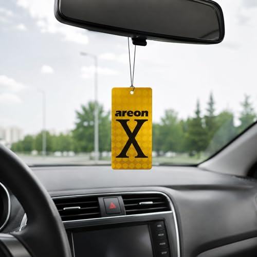 Image of AREON X Gold Hanging Car Air Freshener - Long Lasting Premium Fragrance - Elegant Vehicle Scent Freshener for Cars, SUVs, Trucks, RVs - Easy Hang Design - Stylish Interior Accessory (Pack of 3)