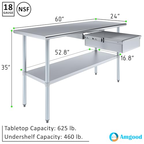 Image of AmGood Stainless Steel Table with Drawer | Commercial & Residential Kitchen Laundry Garage Utility Bench | NSF (Stainless Steel Table + Drawer, 60 inch Long x 24 inch Deep)