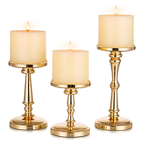 Gold Candle Holders for Pillar Candles - Matte Tall Candle Holder Set of 3 Large Pillar Candle Holders Metal Candlestick Holders Inweder Christmas Candle Holders for Table Wedding Fireplace Home Decor