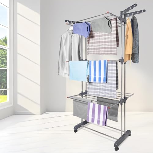 Image of Clothes Drying Stand Foldable Stainless Steel for Home, Heavy Duty Cloth Dryer Stand for Balcony, Laundry Drying Rack for Clothes, Rust Proof Indoor Outdoor Drying Stand, 42x15x68 cm