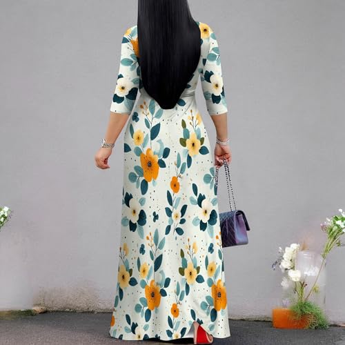 Image of PinkPatty Plus Size Maxi Dress for Women Casual V Neck 3 /4 Sleeve Boho Printed Long Dress with Pockets