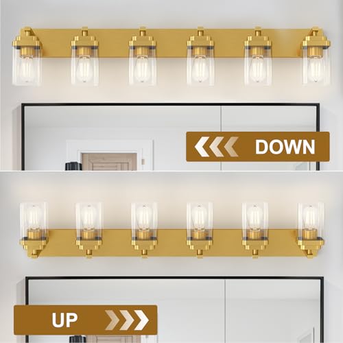 Image of Brushed Gold Bathroom Light Fixtures, 6 Lights Bathroom Lighting Fixtures Over Mirror, Square Design & Rectangle Large Backplate, Modern Vanity Lighting Fixtures, for Living Room /Bedroom