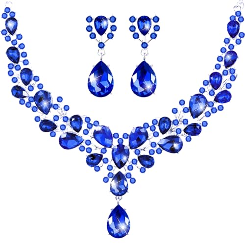 Hicarer Bridal Teardrop Cluster Crystal Jewelry Set for Women Necklace Earrings Wedding(Royal Blue)
