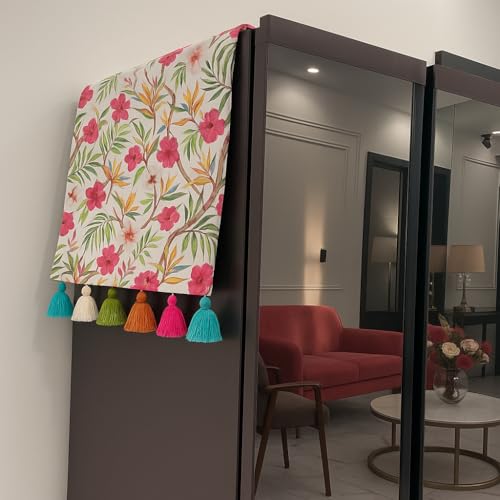 Image of WWW.THROWPILLOW.IN Four Door Fridge Cover 400+L |450 GSM Durable Fridge Top Cover with Tassels |Fits Godrej, LG, Haier, Samsung Fridge Models | Refrigerator Cover Mat in Neutral Floral Print |