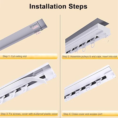 Adjustable 4-Wheeled Recessed Track System, 3-19 Ft Ceiling Rail for Balcony, Bay Window, Office & Hotel - Black, 1.4m/4.6ft, Easy Install, Space-Saving
