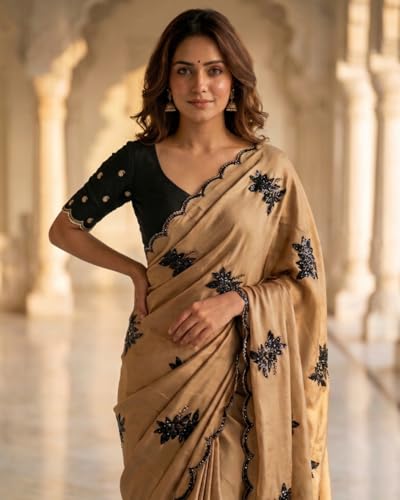 Image of Handcrafted Floral Embroidered Saree with Contrast Blouse