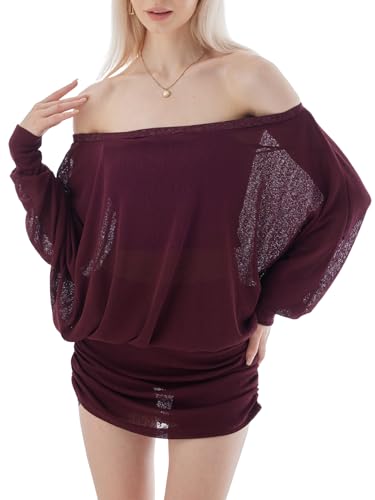 Image of Women's Off The Shoulder Dress Long Sleeve Batwing Mini Ruched Sheer Y2K Oversized Club Sexy Night Out Dresses