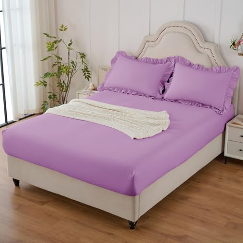 Image of Homiest 3-Pieces Ruffle Pillow Case & Fitted Sheet Set, Lavender Full Sheets with 2 Ruffled Pillow Shams, 15 Inch Deep Pocket, Cute & Coquette Microfiber Bed Set for Decorating Bedroom Hotel