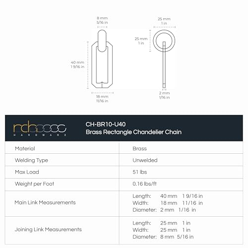 Image of RCH Hardware CH-10-AD Decorative Solid Brass Chain for Hanging, Lighting with Rectangular Cut Edge and Unwelded Links, 1'
