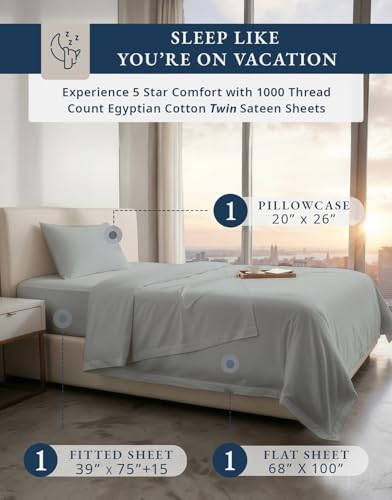 Image of LANE LINEN Cooling Sheets Twin 100% Egyptian Cotton Sateen - Silver