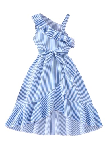 OYOANGLE Girl's Dress Striped Ruffle Trim Bow Front Asymmetrical Neck Sleeveless A Line Summer Midi Dresses