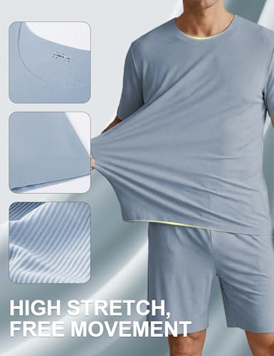 Image of Venzina Men's Ribbed Seamless Lounge Set -Loose Fit Cooling 4-Way Stretch Pajamas for Home, Outdoor, Relaxed Activities