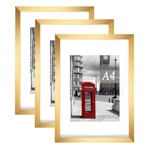 Scholar Tree Gold Picture Frame A4 with Mount Set of 3 A4 Frame A4 Picture Frame Freestanding and Wall Mountable